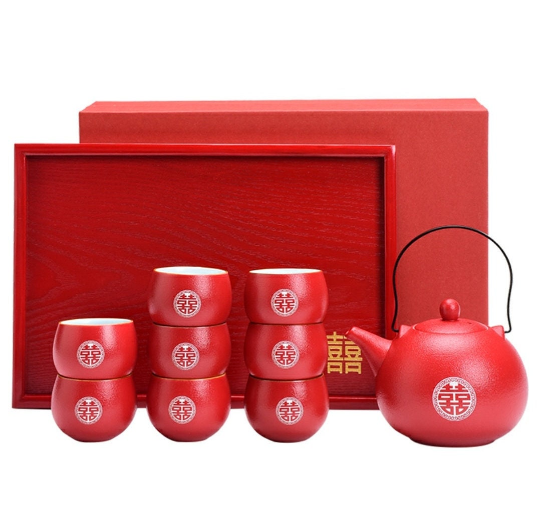 Oriental wedding double happiness tea set/with 8 teacups and tray/wedding porcelain tea set/tea ceremony