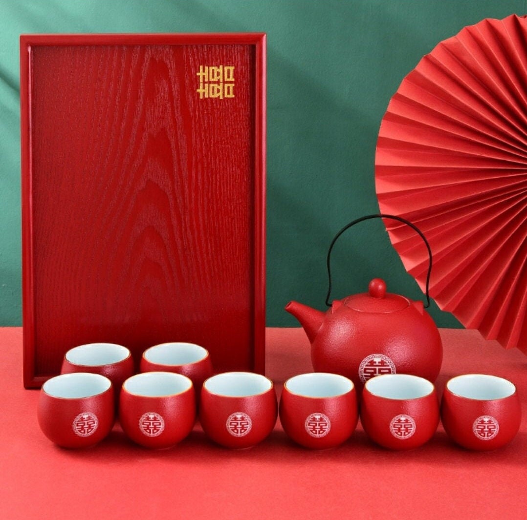 Oriental wedding double happiness tea set/with 8 teacups and tray/wedding porcelain tea set/tea ceremony