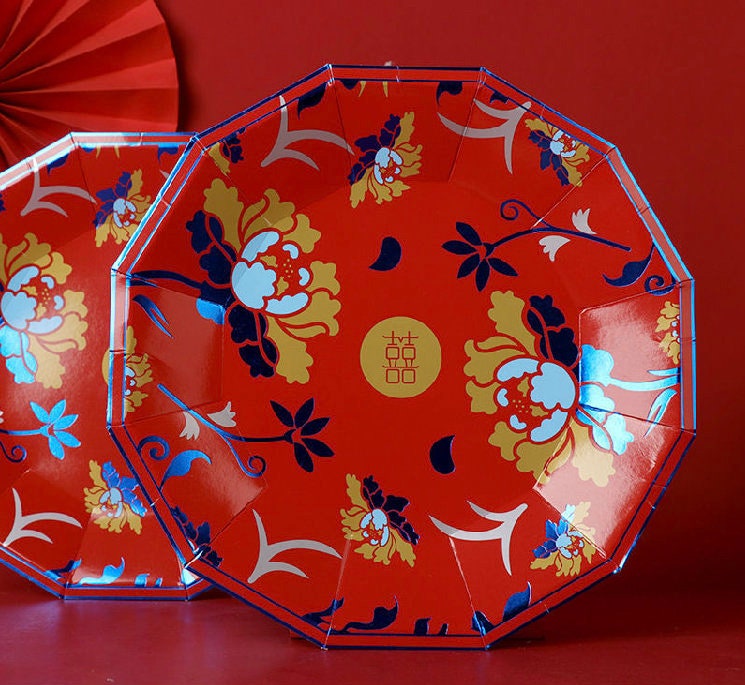 9’’ Oriental Wedding Blue Leaf Peonies With Double Happiness Plates/A Set Of 24