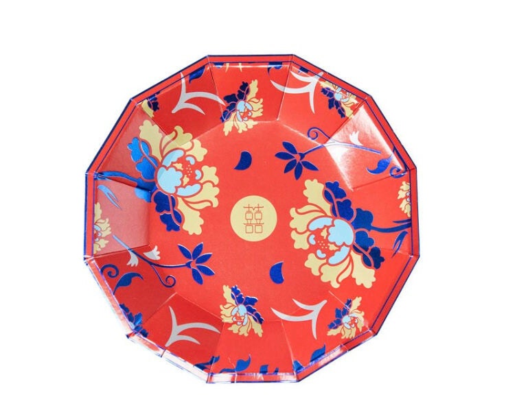9’’ Oriental Wedding Blue Leaf Peonies With Double Happiness Plates/A Set Of 24