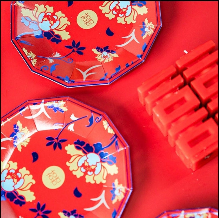 9’’ Oriental Wedding Blue Leaf Peonies With Double Happiness Plates/A Set Of 24