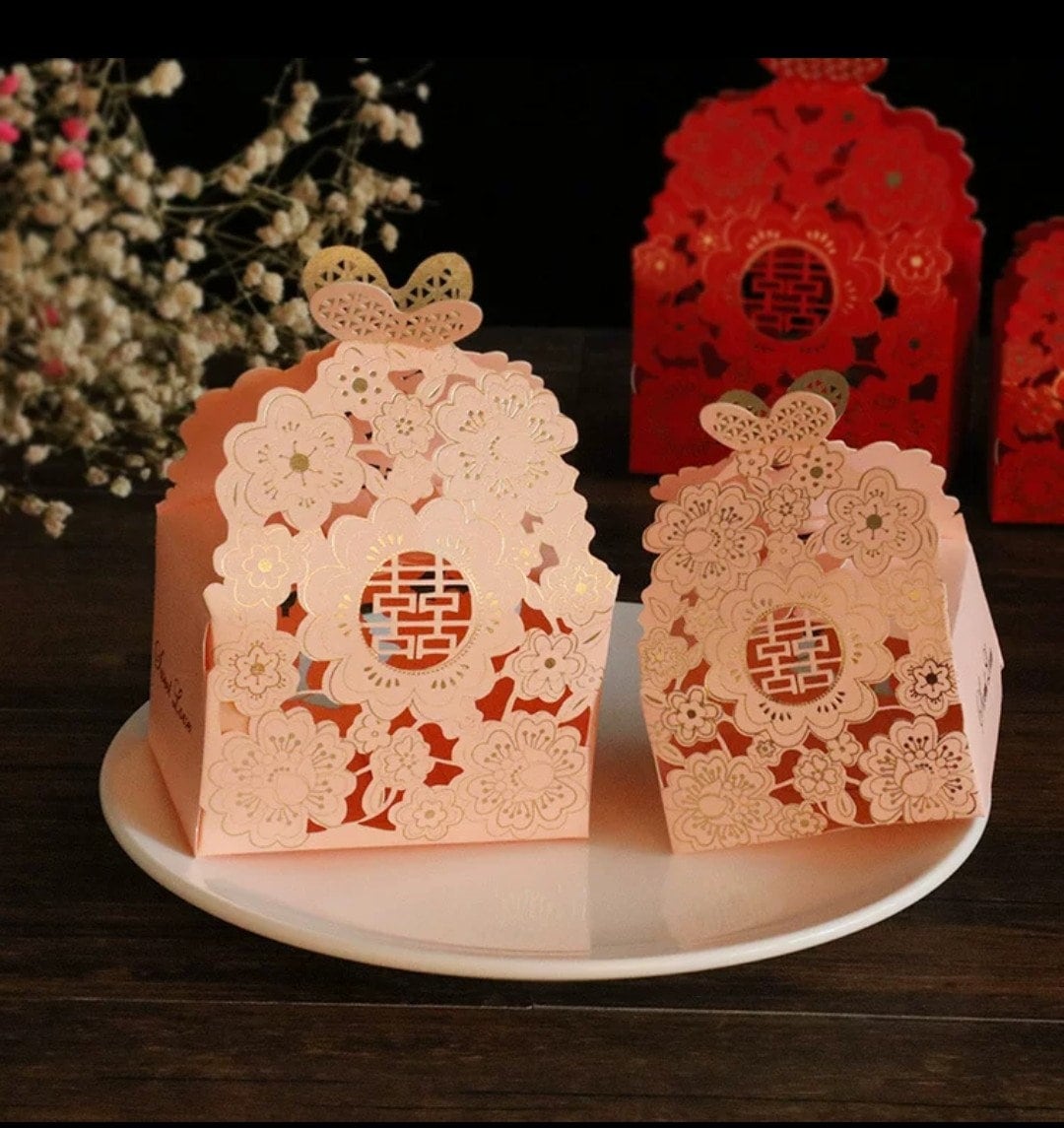 25 Pcs Laser Cut Butterfly Floral Double Happiness Traditional Wedding Favor Boxes/Party Favor Paper Box