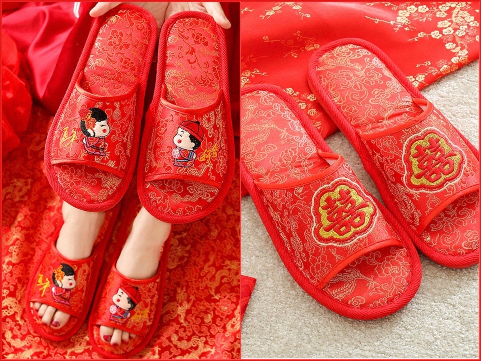 Red Satin Traditional Chinese Wedding Double Happiness Slippers For Bride And Groom/Bridesmaids/Groomsmen