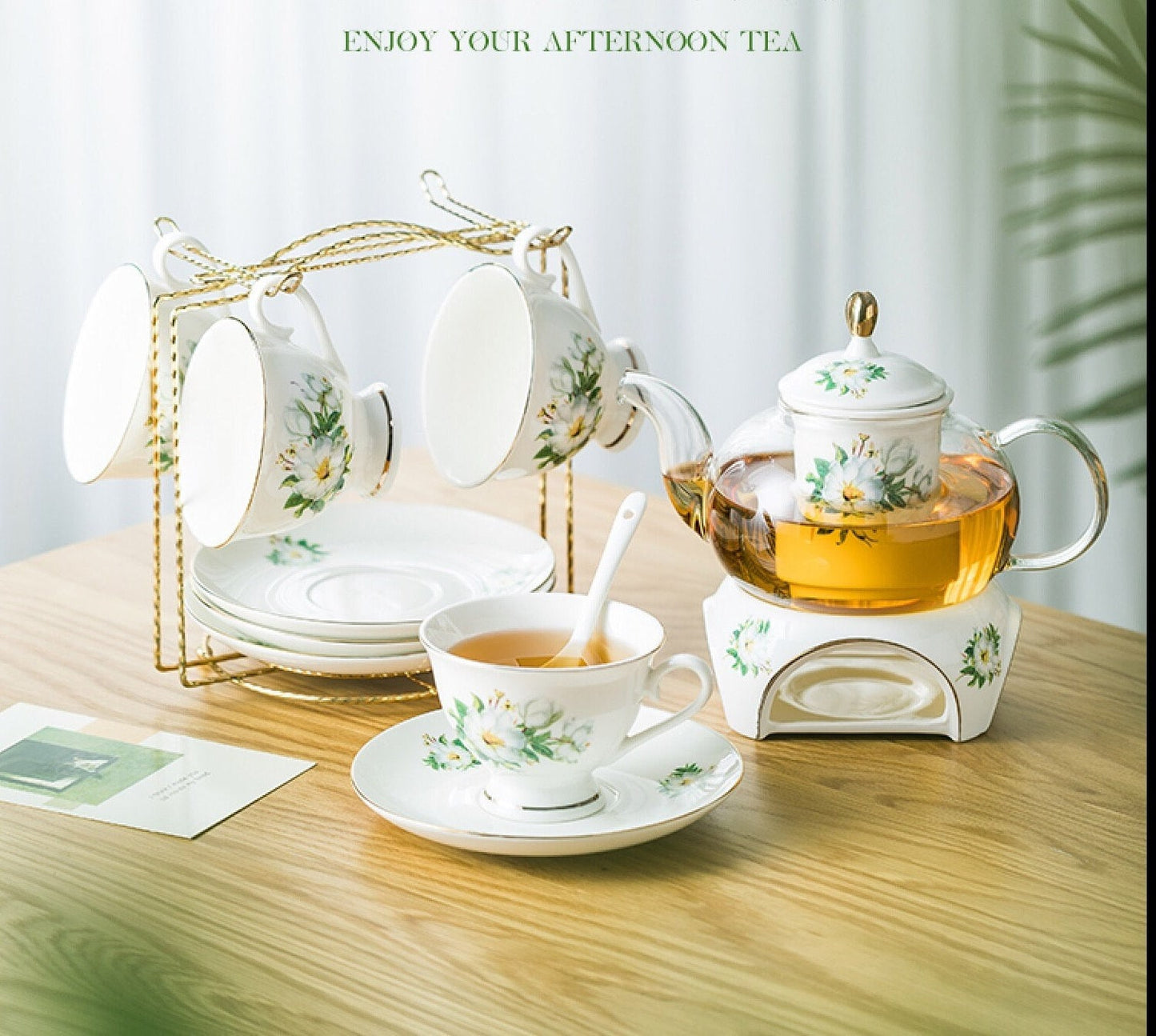 Vintage magnolia tea set with/24k gilded gold/warmer, glass tea pot and porcelain teacups and saucers, removable infuser