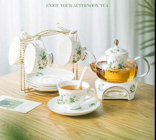 Vintage magnolia tea set with/24k gilded gold/warmer, glass tea pot and porcelain teacups and saucers, removable infuser