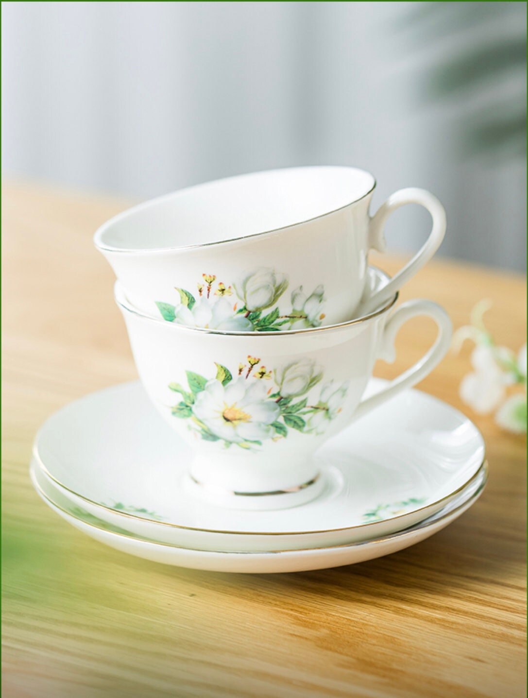Vintage magnolia tea set with/24k gilded gold/warmer, glass tea pot and porcelain teacups and saucers, removable infuser