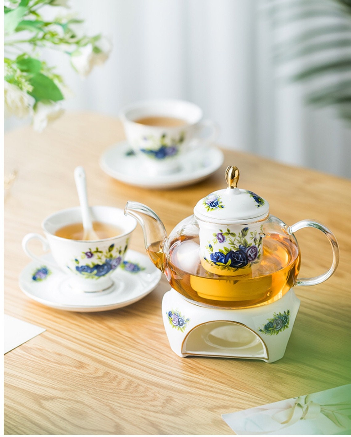 Vintage Floral Tea Set with/24k gilded gold/warmer, glass tea pot and porcelain teacups and saucers, removable infuser