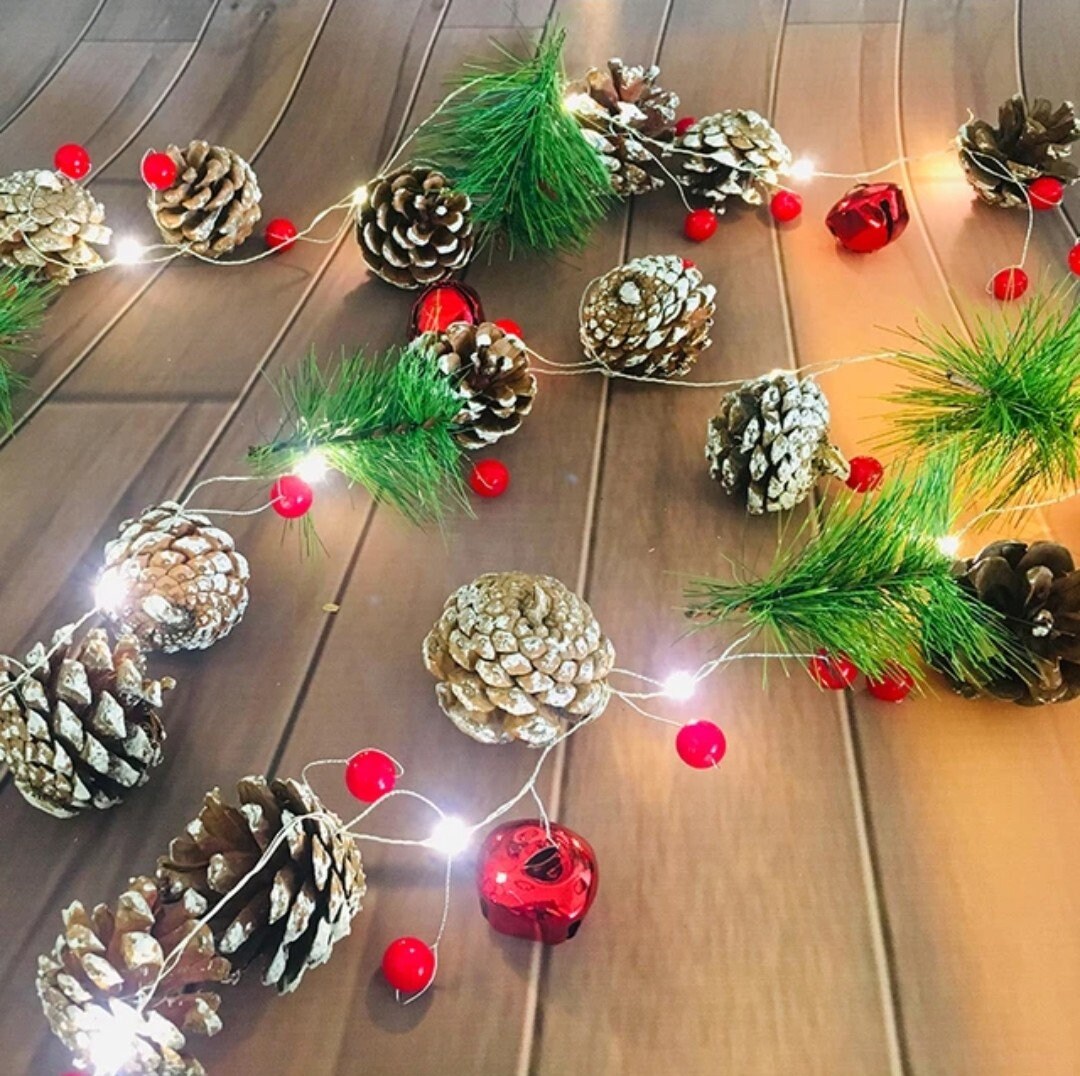Christmas Garland String Lights With 20pcs Led Red Berries/Pinecones/Jingle Bells/Variety of Copper Home Decor/6 Hours Timer
