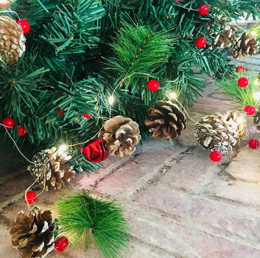 Christmas Garland String Lights With 20pcs Led Red Berries/Pinecones/Jingle Bells/Variety of Copper Home Decor/6 Hours Timer