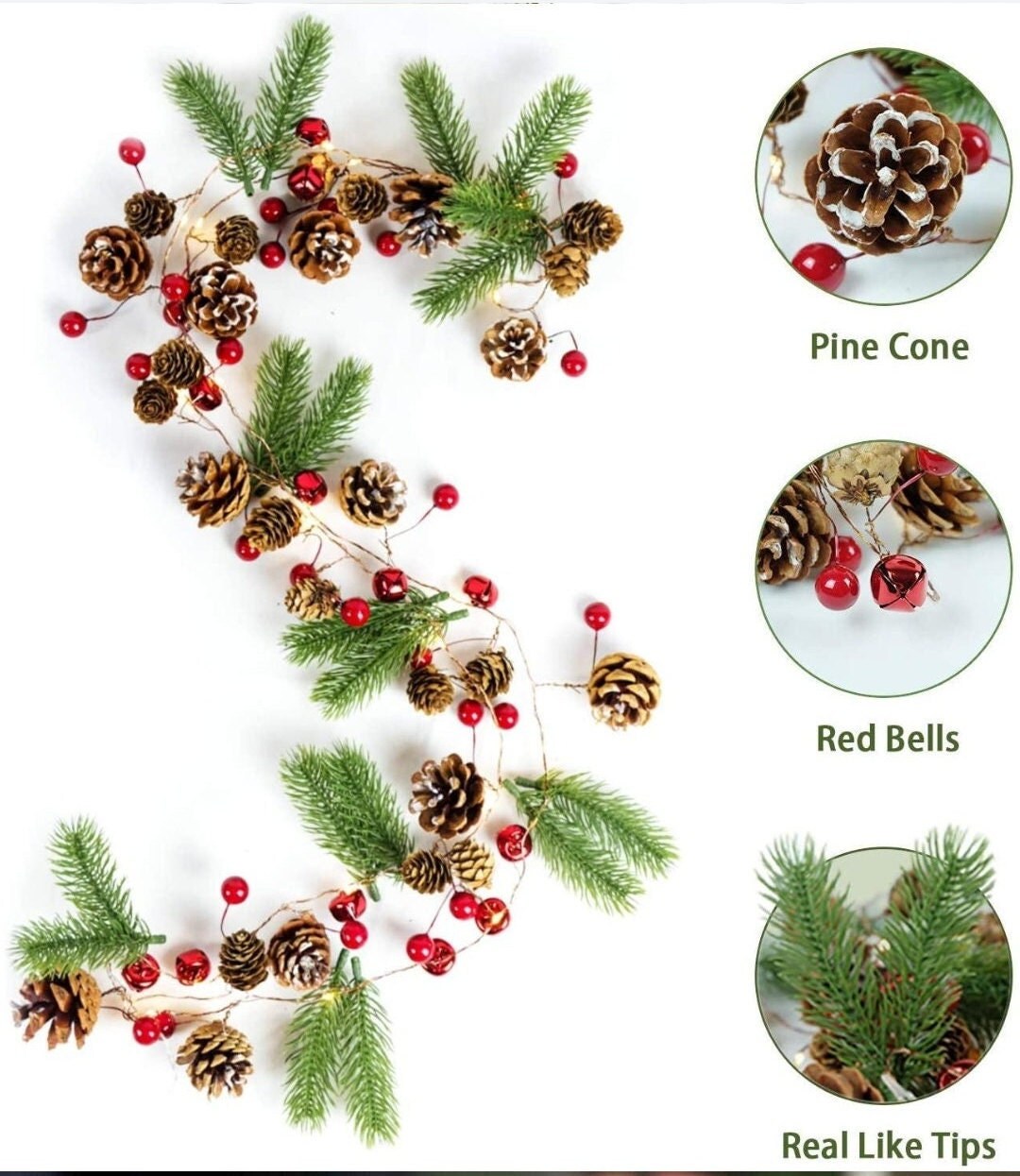 Christmas Garland String Lights With 20pcs Led Red Berries/Pinecones/Jingle Bells/Variety of Copper Home Decor/6 Hours Timer