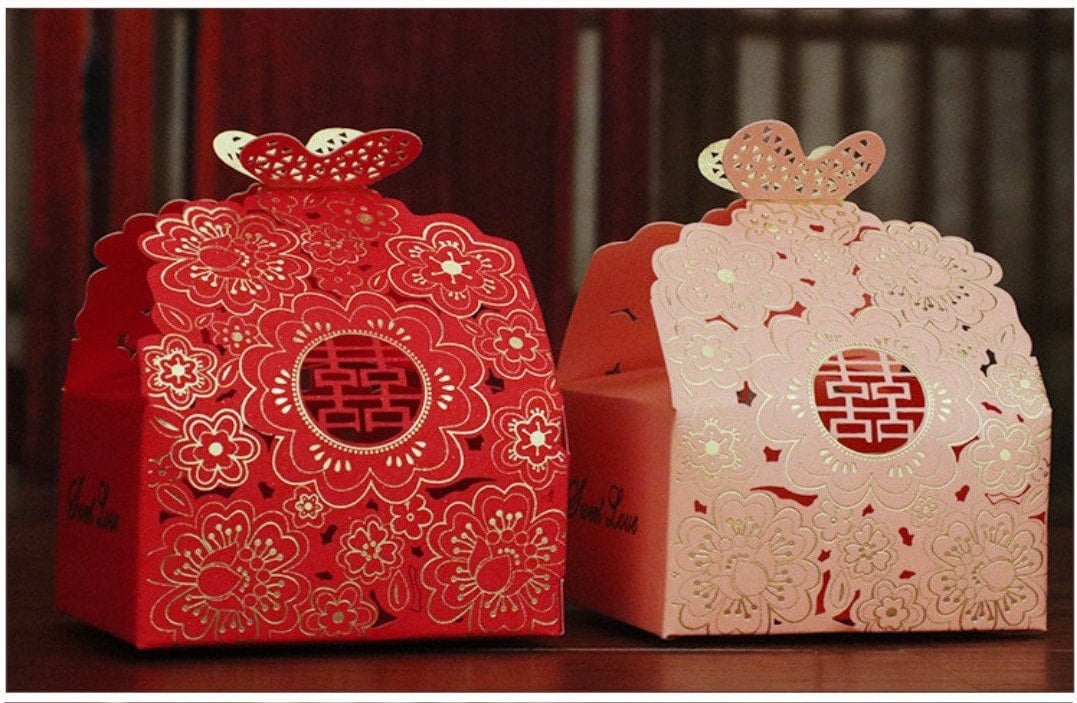 25 Pcs Laser Cut Butterfly Floral Double Happiness Traditional Wedding Favor Boxes/Party Favor Paper Box