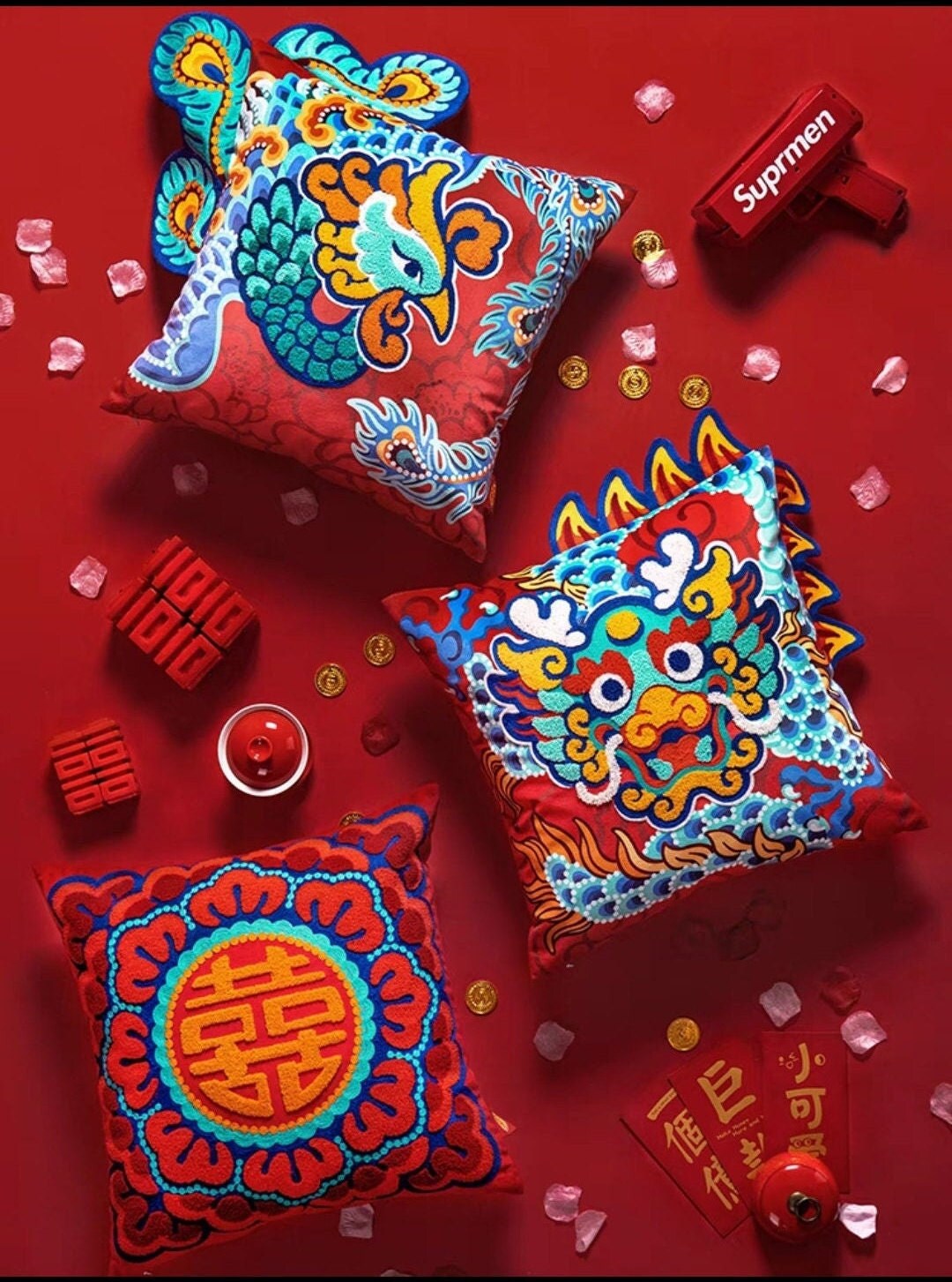 Traditional Cushion Pillow Covers/Bride And Groom/Dragon And Phoenix/Double Happiness/Wedding Decor