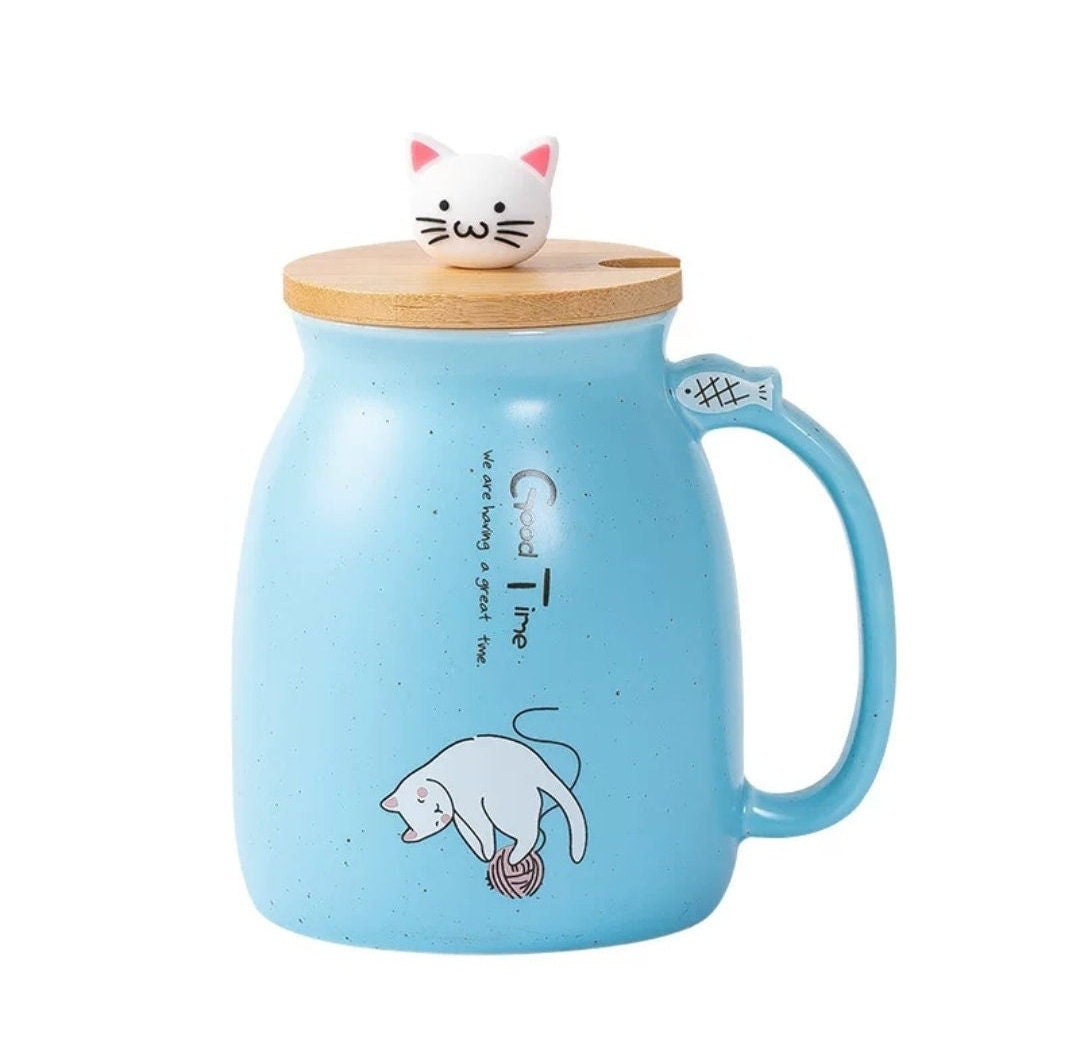 Cat Mug With Spoon Lid/Lovely Kitty Mug/Morning Milk Cup/Coffee/Tea/Holiday Mug