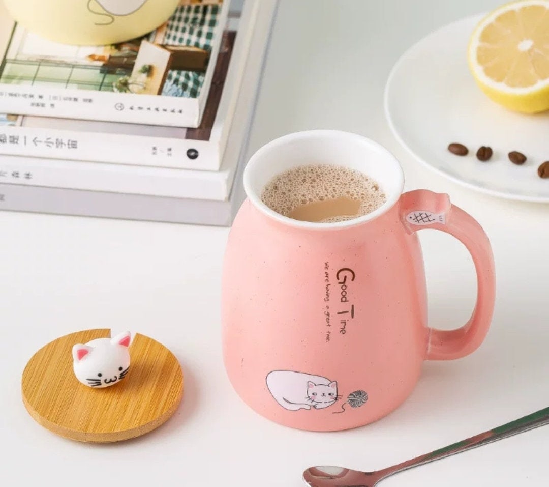 Cat Mug With Spoon Lid/Lovely Kitty Mug/Morning Milk Cup/Coffee/Tea/Holiday Mug