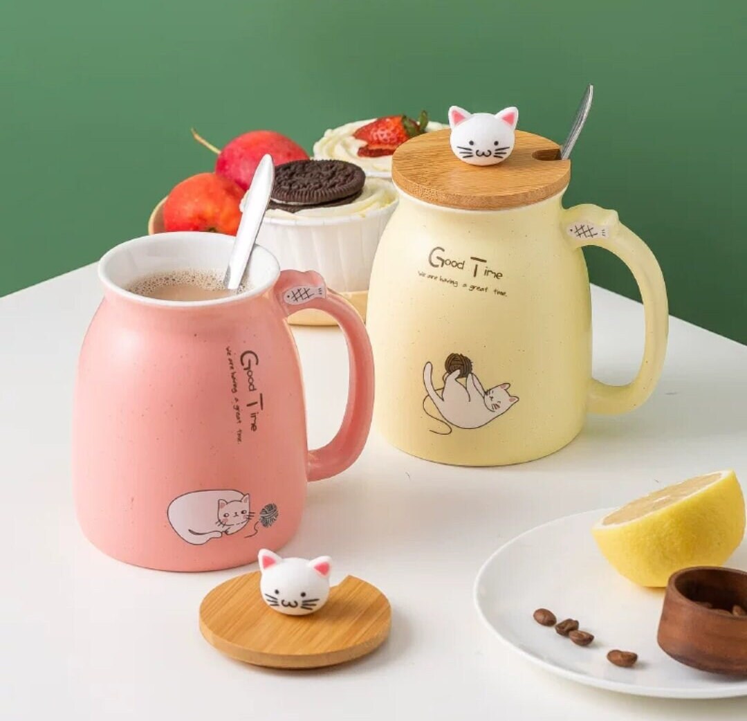 Cat Mug With Spoon Lid/Lovely Kitty Mug/Morning Milk Cup/Coffee/Tea/Holiday Mug