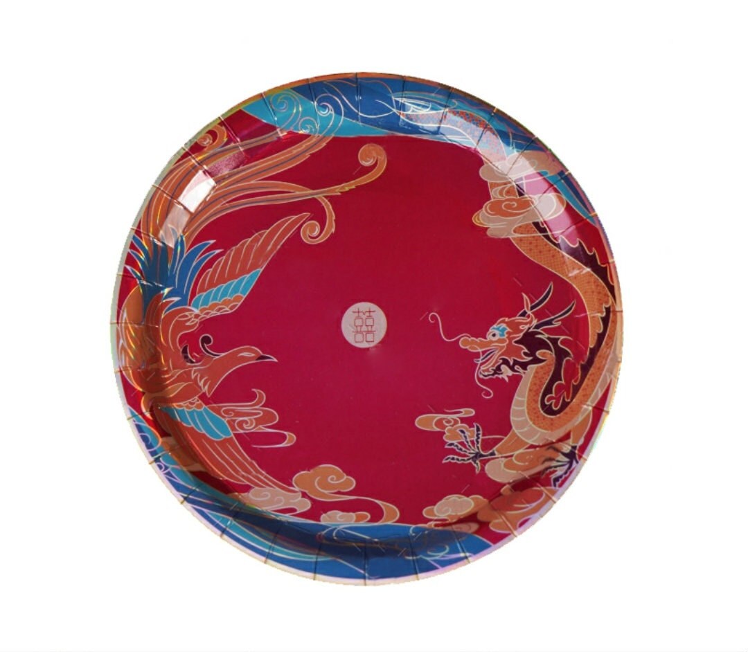 9'' Oriental Wedding Dragon And Phoenix Paper Plates/24 pcs