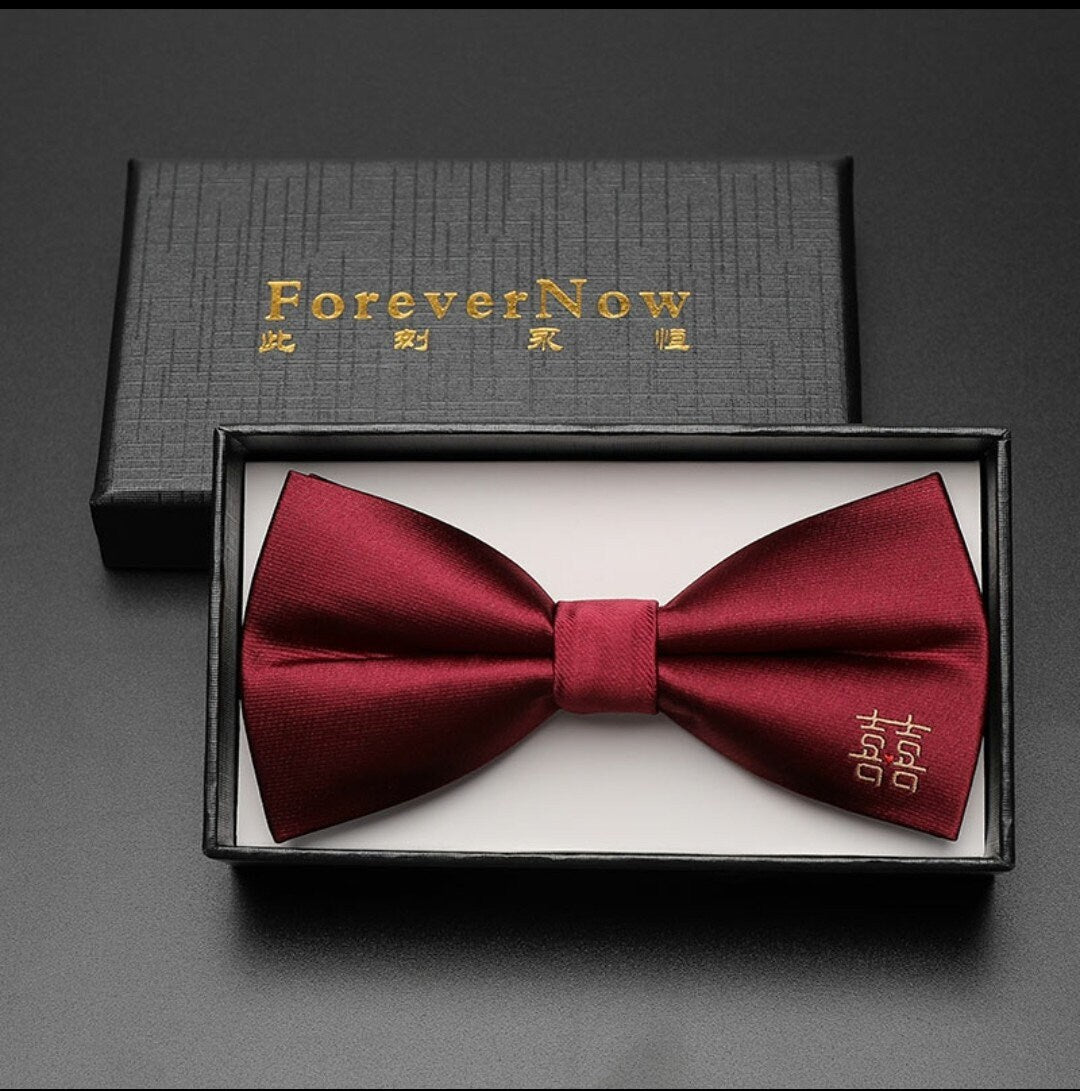 Wine Red Asian Double Happiness Groom Wedding Adjustable Bow Tie/Party Necktie