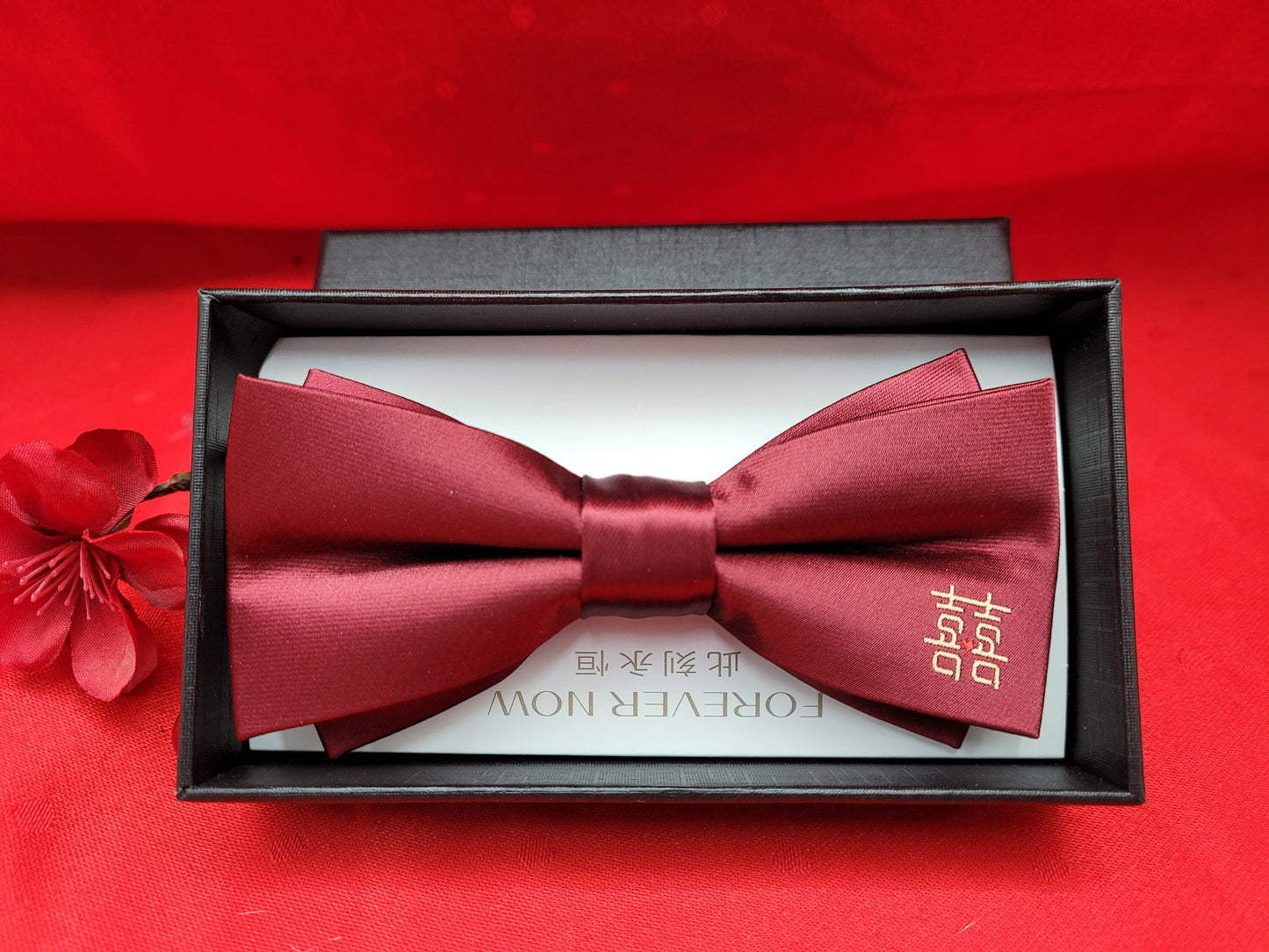 Wine Red Asian Double Happiness Groom Wedding Adjustable Bow Tie/Party Necktie