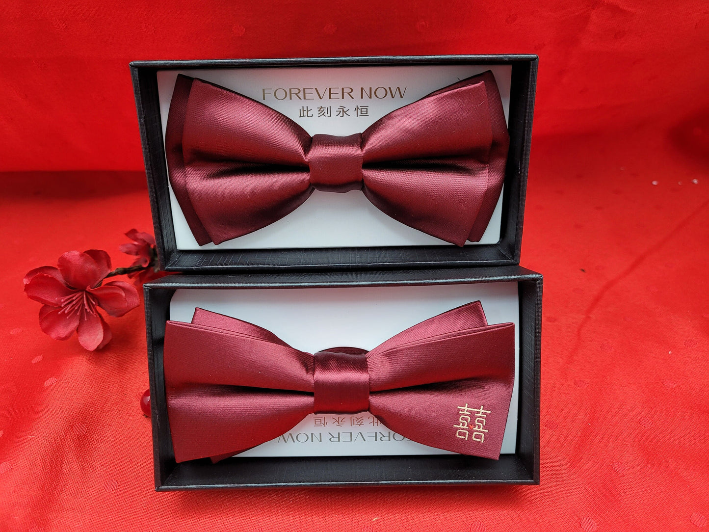 Wine Red Asian Double Happiness Groom Wedding Adjustable Bow Tie/Party Necktie