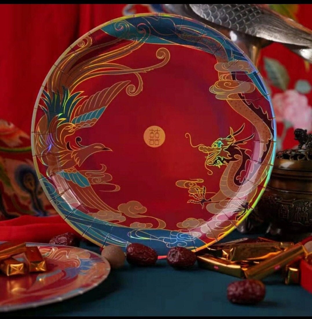 9'' Oriental Wedding Dragon And Phoenix Paper Plates/24 pcs