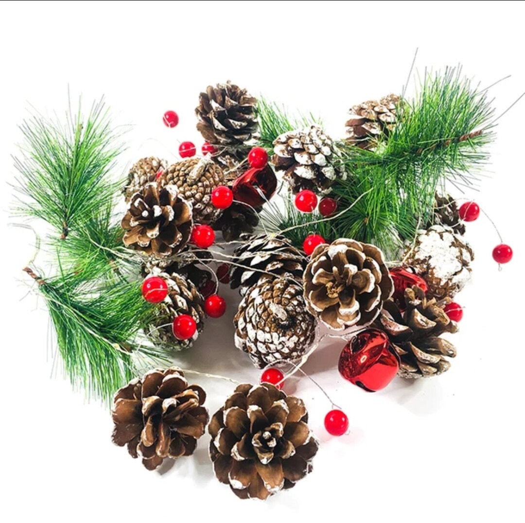 Christmas Garland String Lights With 20pcs Led Red Berries/Pinecones/Jingle Bells/Variety of Copper Home Decor/6 Hours Timer