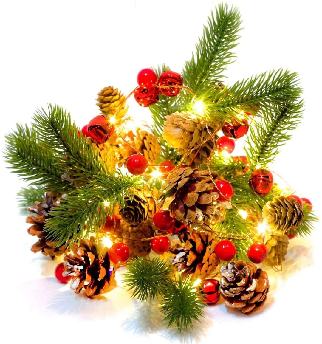 Christmas Garland String Lights With 20pcs Led Red Berries/Pinecones/Jingle Bells/Variety of Copper Home Decor/6 Hours Timer
