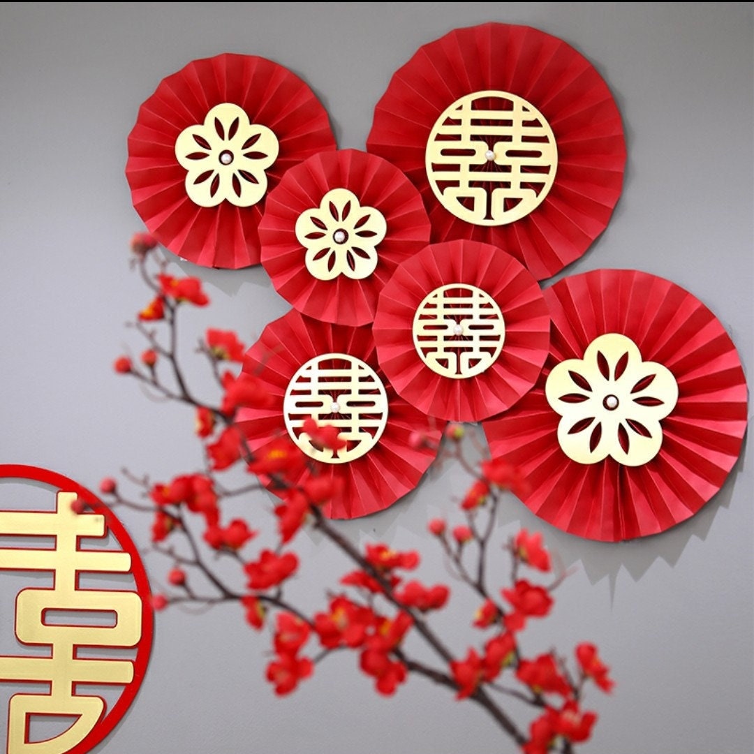 Red Double Happiness Paper Pinwheel Traditional Wedding Wall Decoration/A set of 6/Plain or Double Happiness With Different Pattern