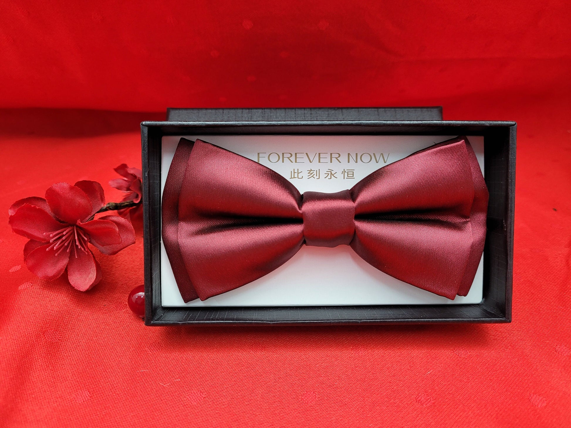 Wine Red Asian Double Happiness Groom Wedding Adjustable Bow Tie/Party Necktie