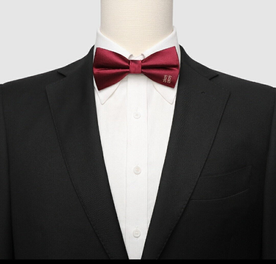 Wine Red Asian Double Happiness Groom Wedding Adjustable Bow Tie/Party Necktie