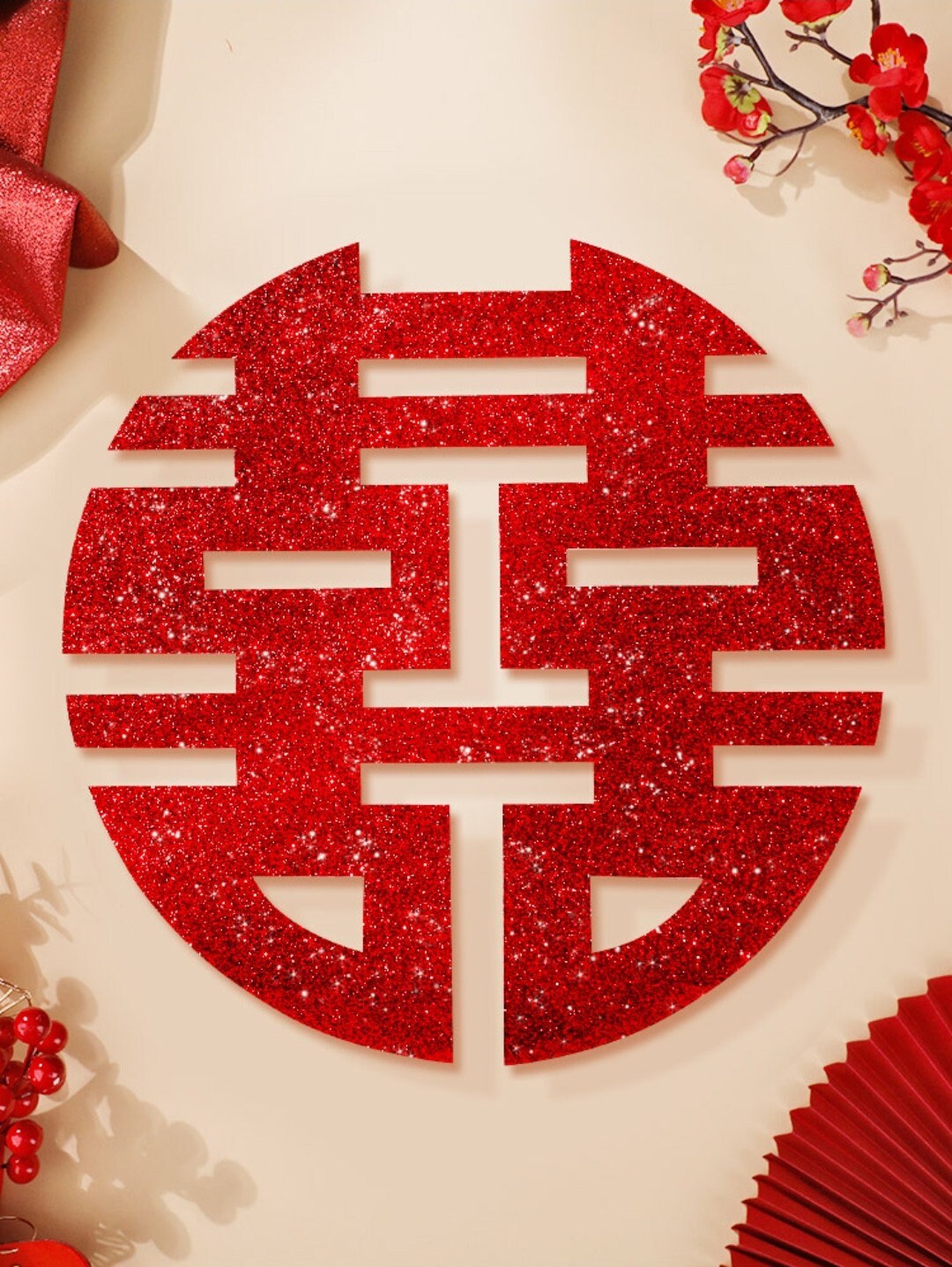 16'' Xi Character Glitter Double Happiness Wall Decoration/Tea Ceremony
