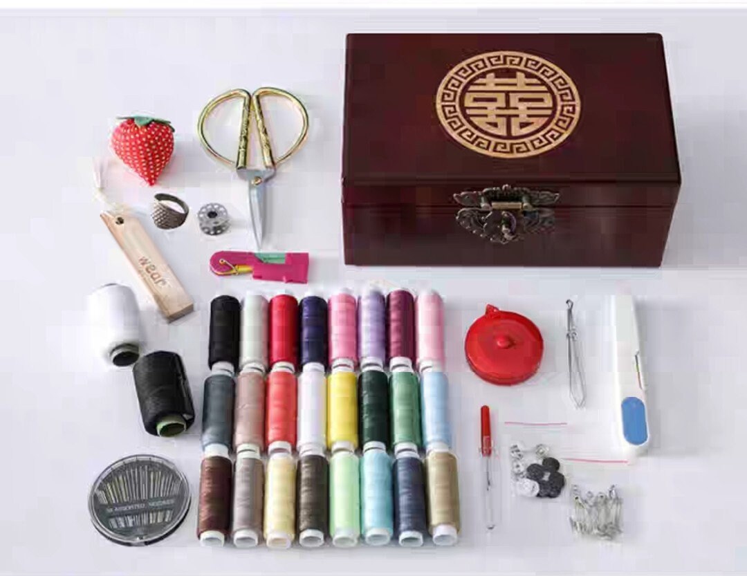 Wooden Double Happiness Xi Sewing Basket with Sewing Kit Accessories/Sewing Box