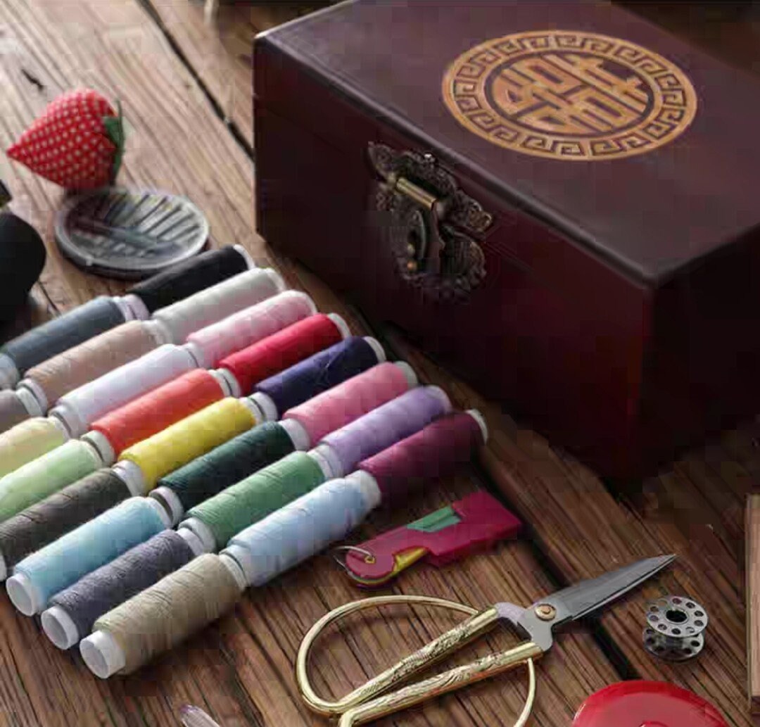 Wooden Double Happiness Xi Sewing Basket with Sewing Kit Accessories/Sewing Box