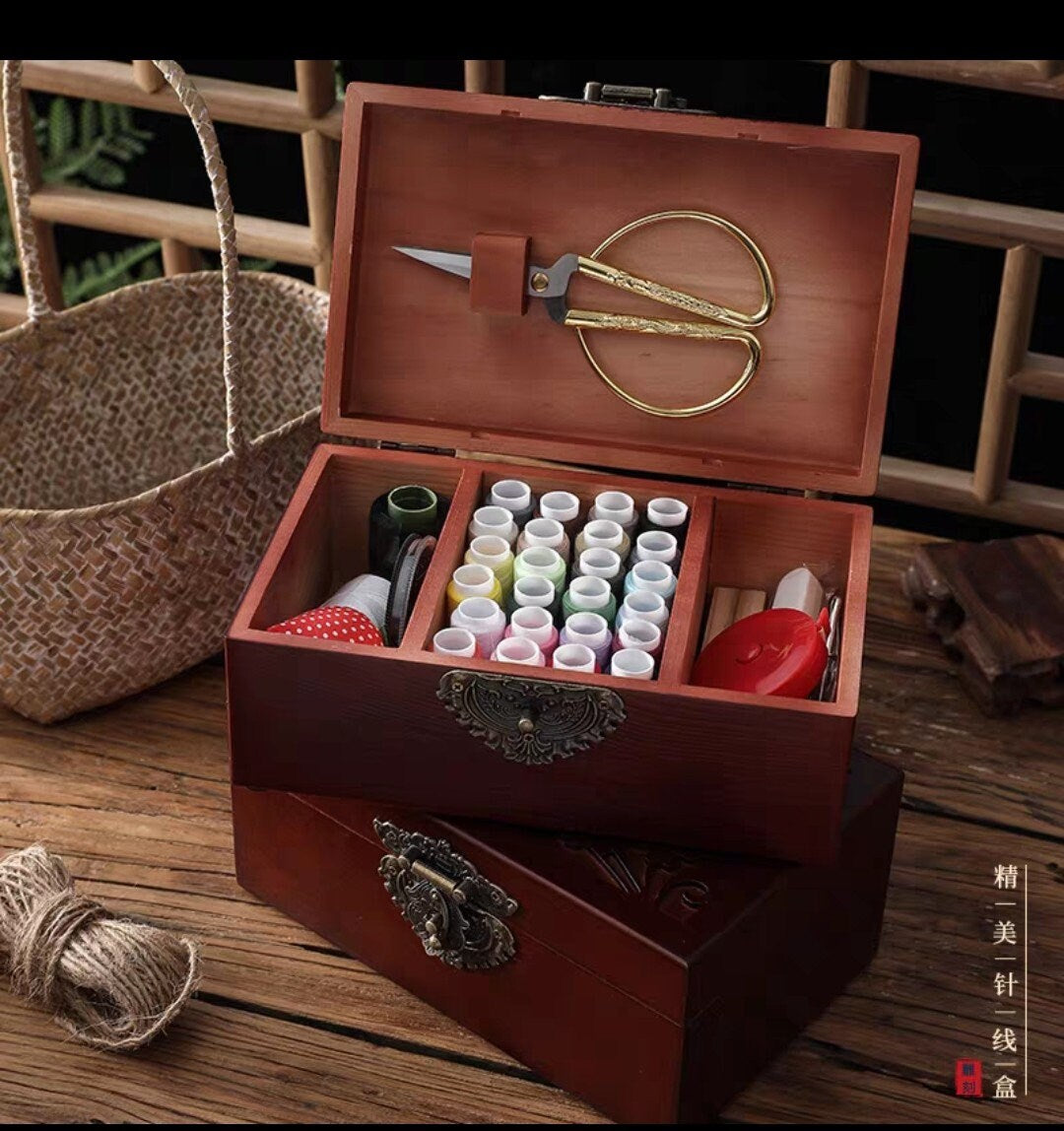 Wooden Double Happiness Xi Sewing Basket with Sewing Kit Accessories/Sewing Box