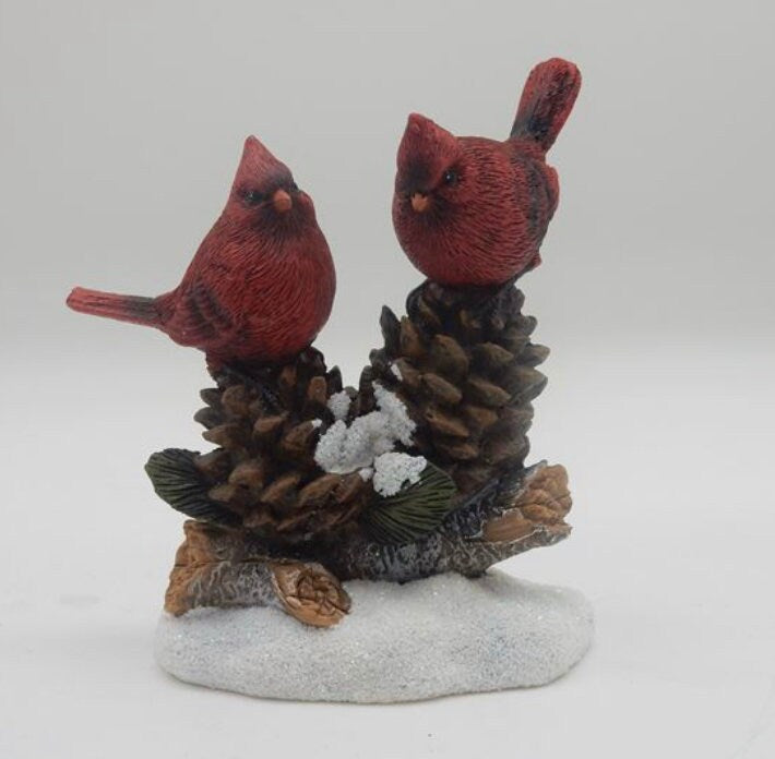 Northern Cardinal Couple Standing On Log With Snow Statue/Hard Resin 6’’ High