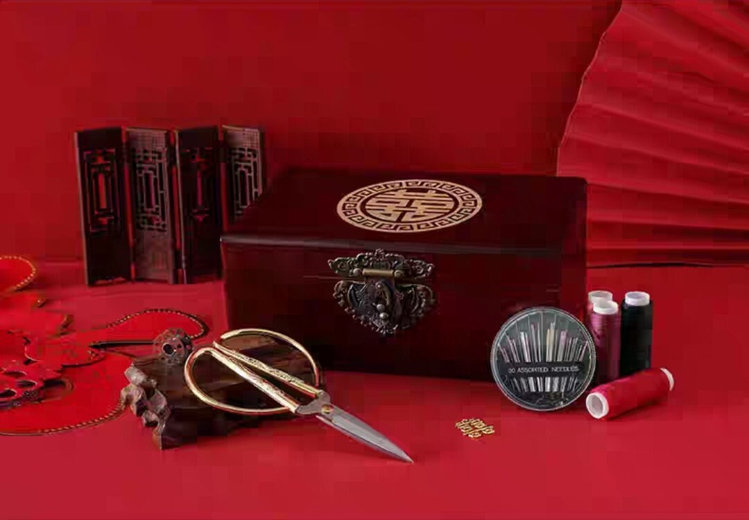 Wooden Double Happiness Xi Sewing Basket with Sewing Kit Accessories/Sewing Box