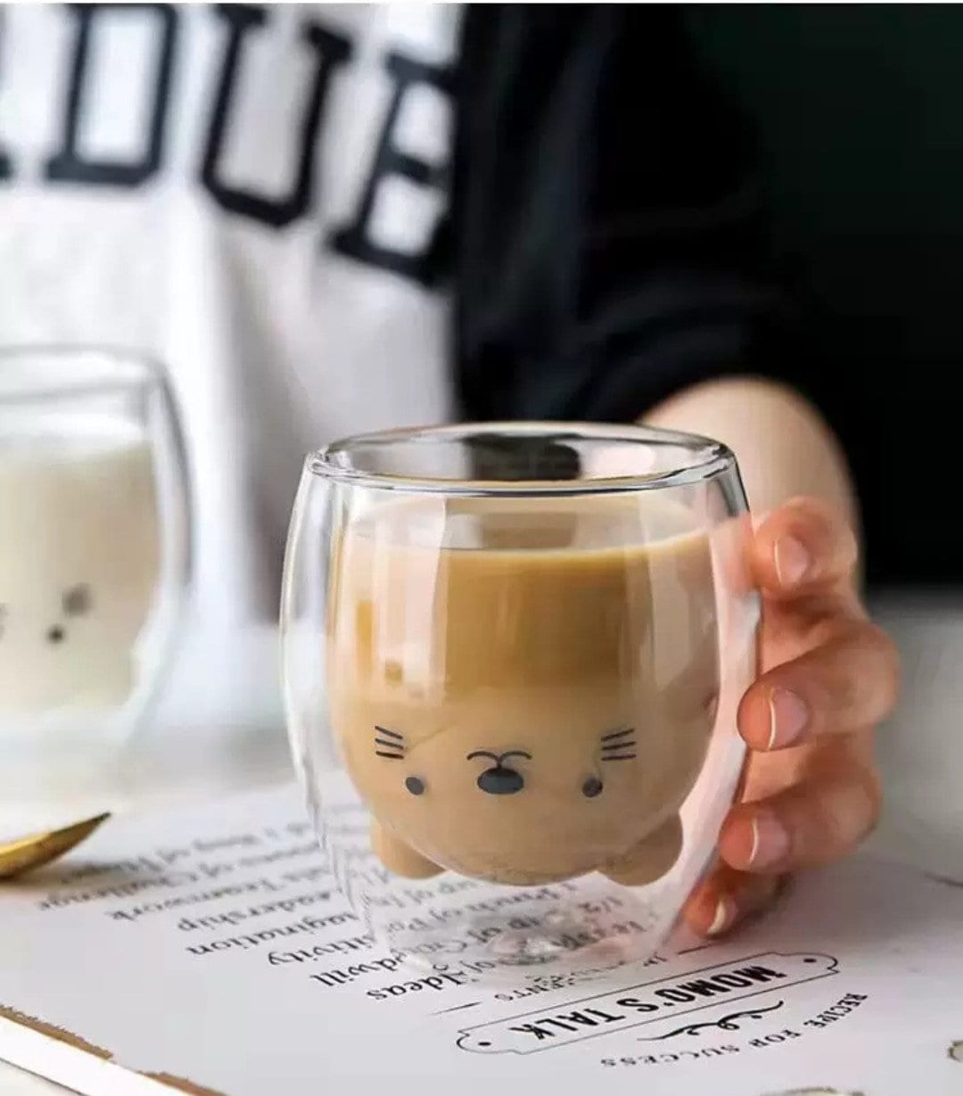 Double-walled Glass Cute Animal Coffee Mugs/Cat Dog Bear Duck Pig Cups/Housewarming Birthday Holiday Gift/250ml 8.8oz