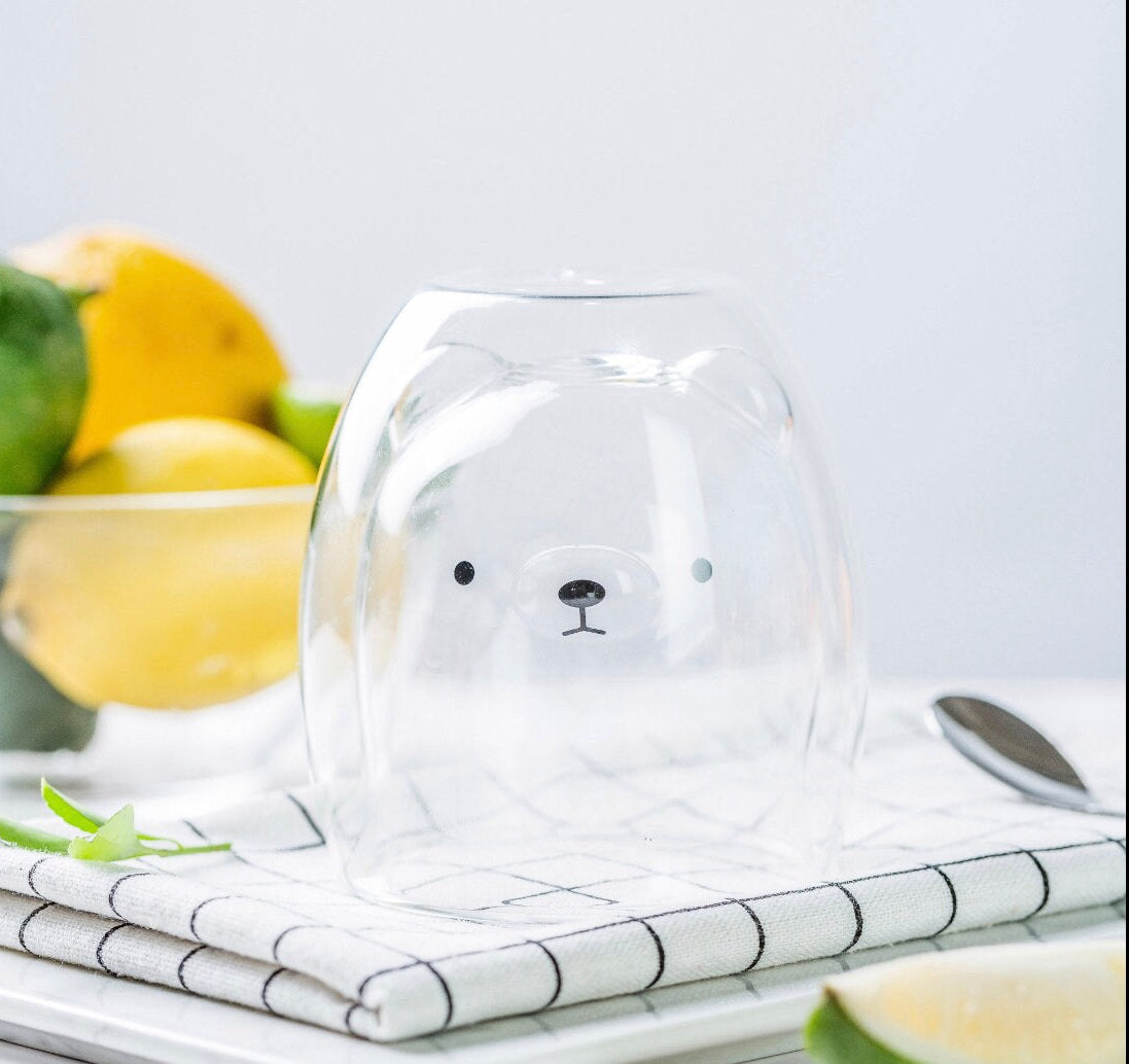 Double-walled Glass Cute Animal Coffee Mugs/Cat Dog Bear Duck Pig Cups/Housewarming Birthday Holiday Gift/250ml 8.8oz