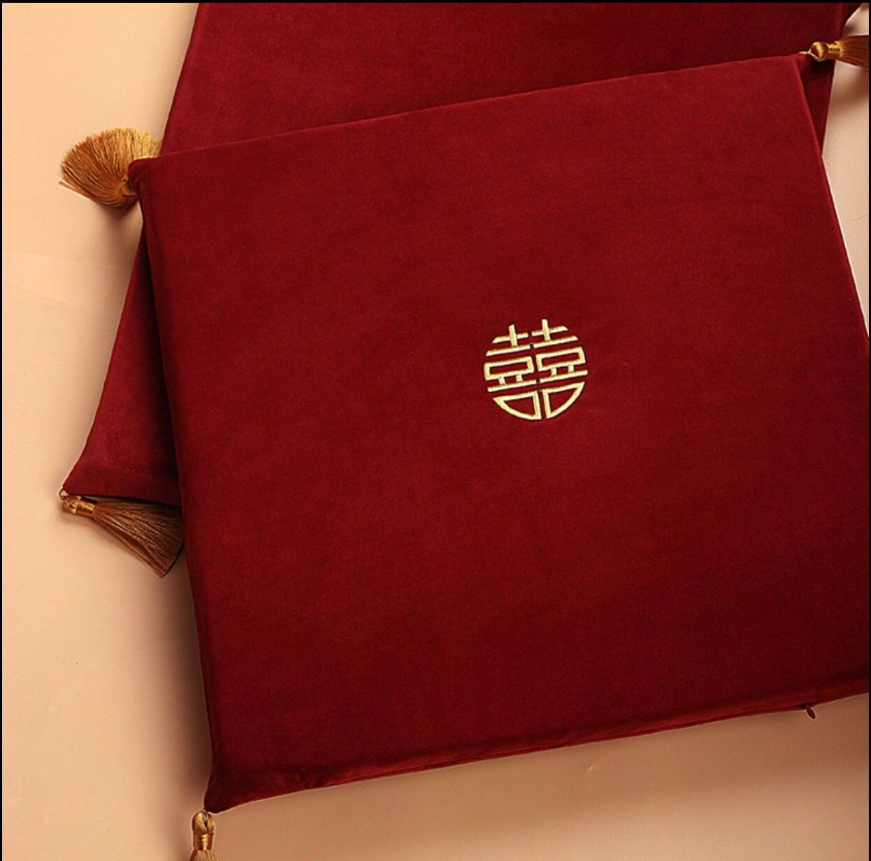 2 Dark Wine Red Double Golden/Silver Happiness kneeling Pad with Tassels/Cushion For Tea Ceremony/Wedding/A Set of 2
