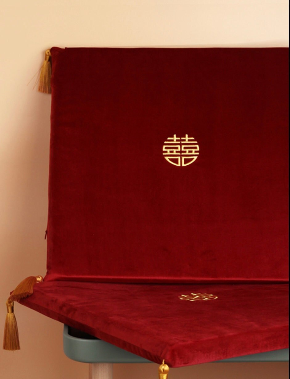 2 Dark Wine Red Double Golden/Silver Happiness kneeling Pad with Tassels/Cushion For Tea Ceremony/Wedding/A Set of 2