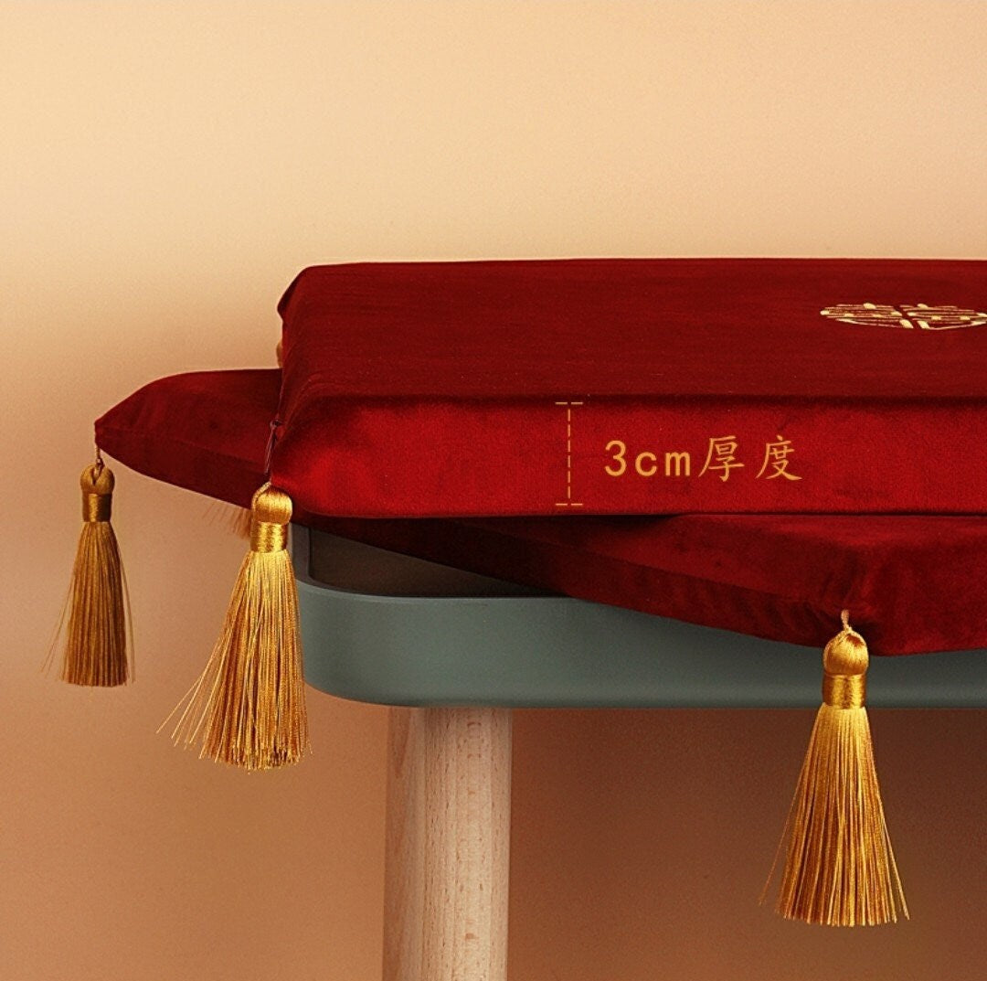 2 Dark Wine Red Double Golden/Silver Happiness kneeling Pad with Tassels/Cushion For Tea Ceremony/Wedding/A Set of 2