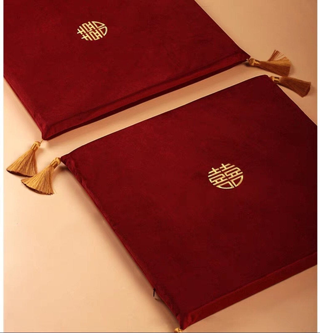 2 Dark Wine Red Double Golden/Silver Happiness kneeling Pad with Tassels/Cushion For Tea Ceremony/Wedding/A Set of 2