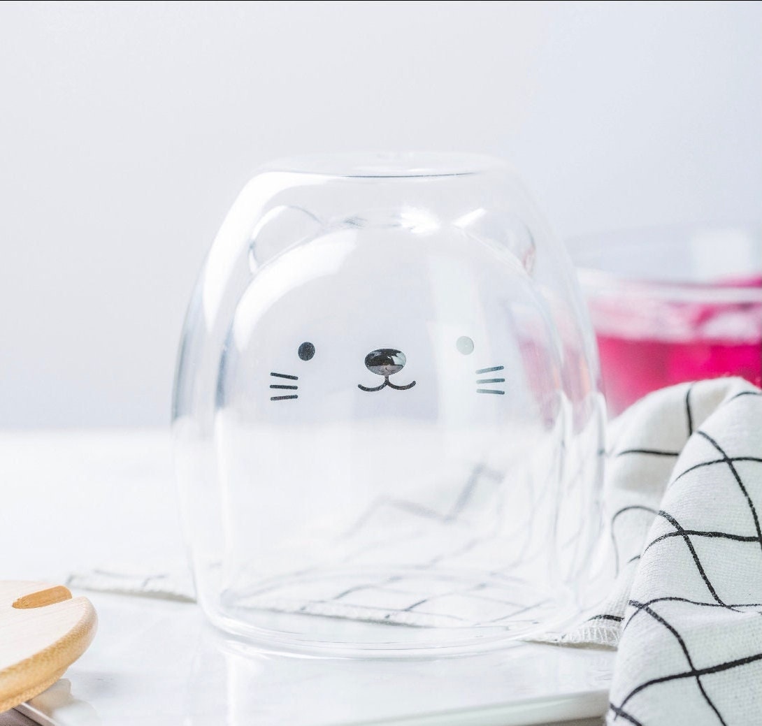 Double-walled Glass Cute Animal Coffee Mugs/Cat Dog Bear Duck Pig Cups/Housewarming Birthday Holiday Gift/250ml 8.8oz