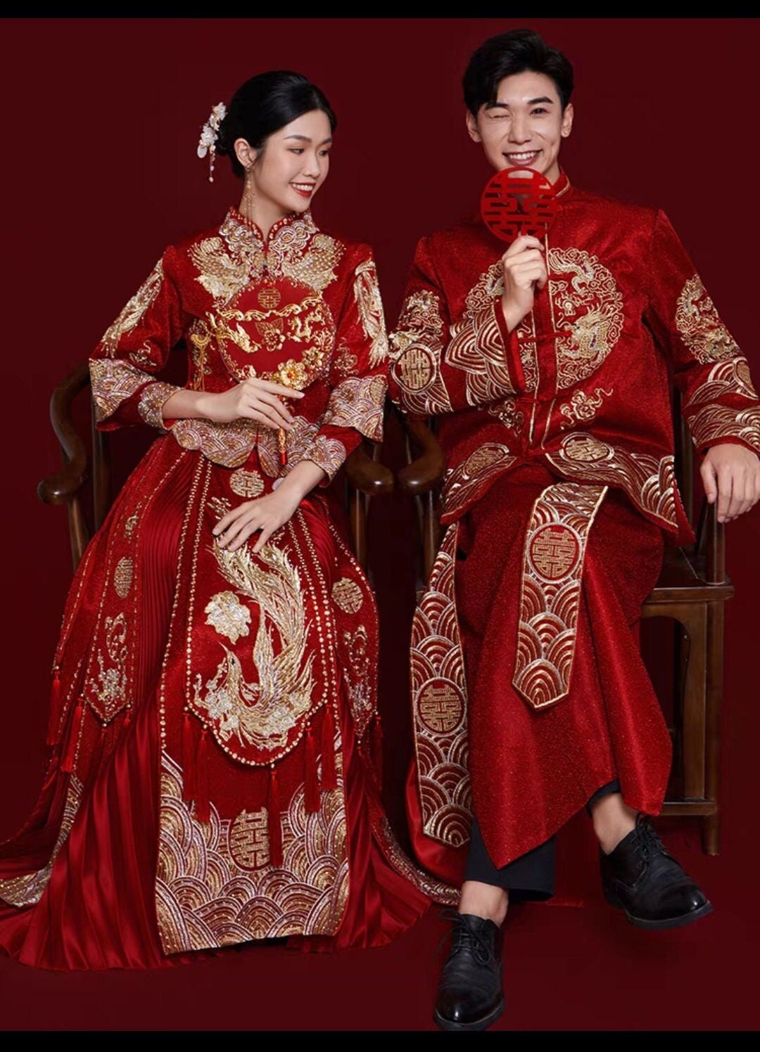 Traditional Dragon And Phoenix Wedding Groom And Bride Outfits