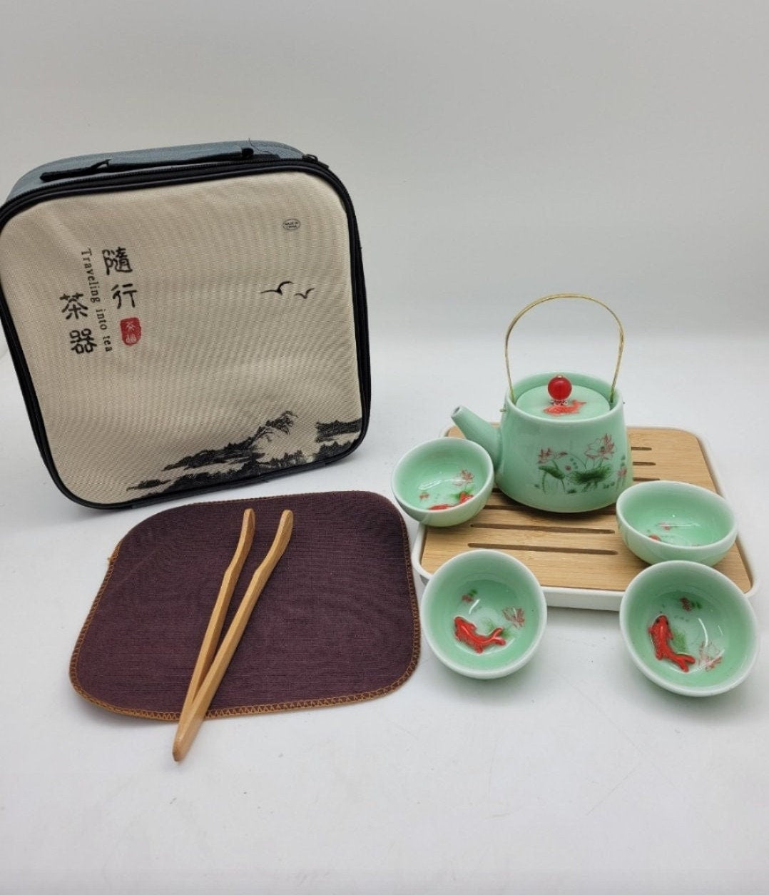 Portable traveling 3D koi fish with lotus tea set/kungfu tea/tea art