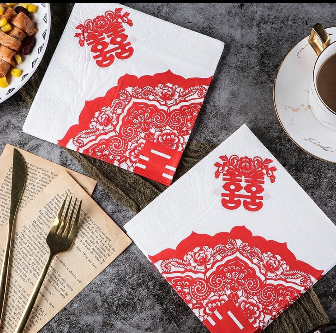 Double happiness paper tissue napkins for Oriental wedding/tea ceremony/banquets