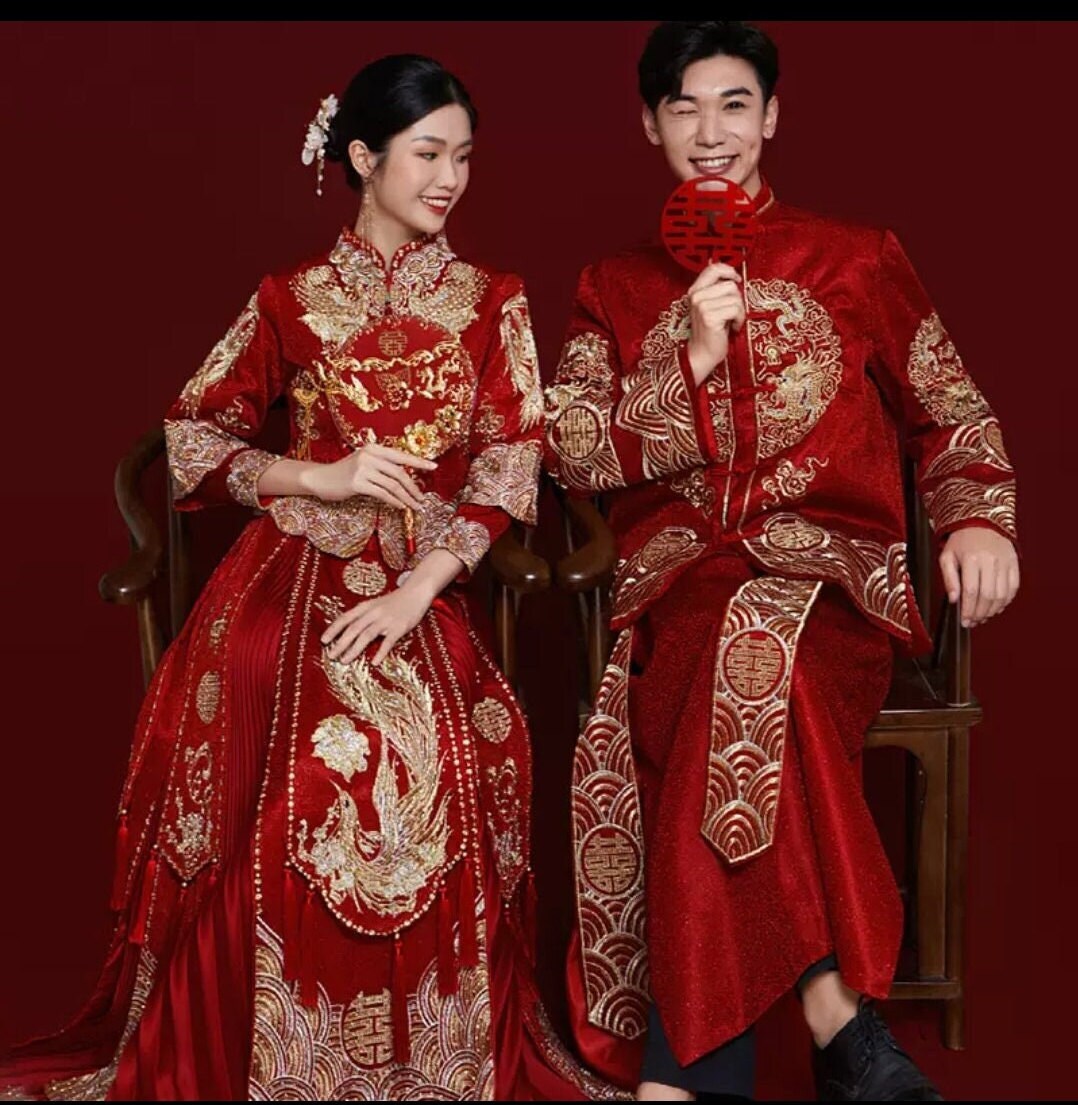Traditional Dragon And Phoenix Wedding Groom And Bride Outfits