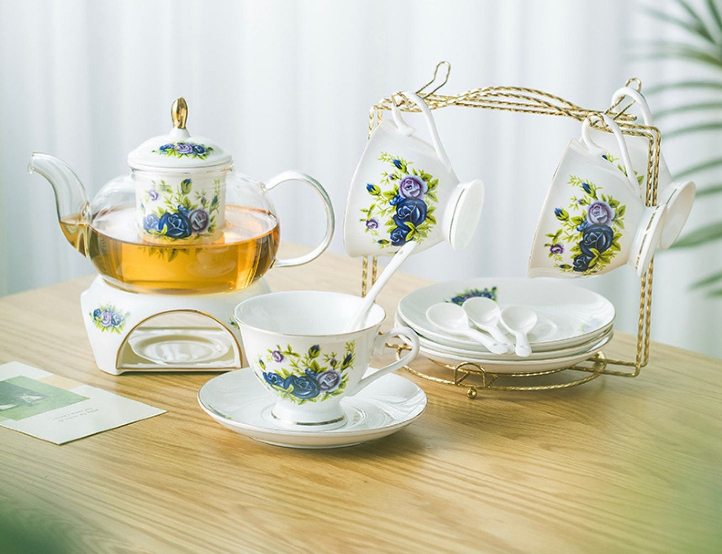 Vintage Floral Tea Set with/24k gilded gold/warmer, glass tea pot and porcelain teacups and saucers, removable infuser