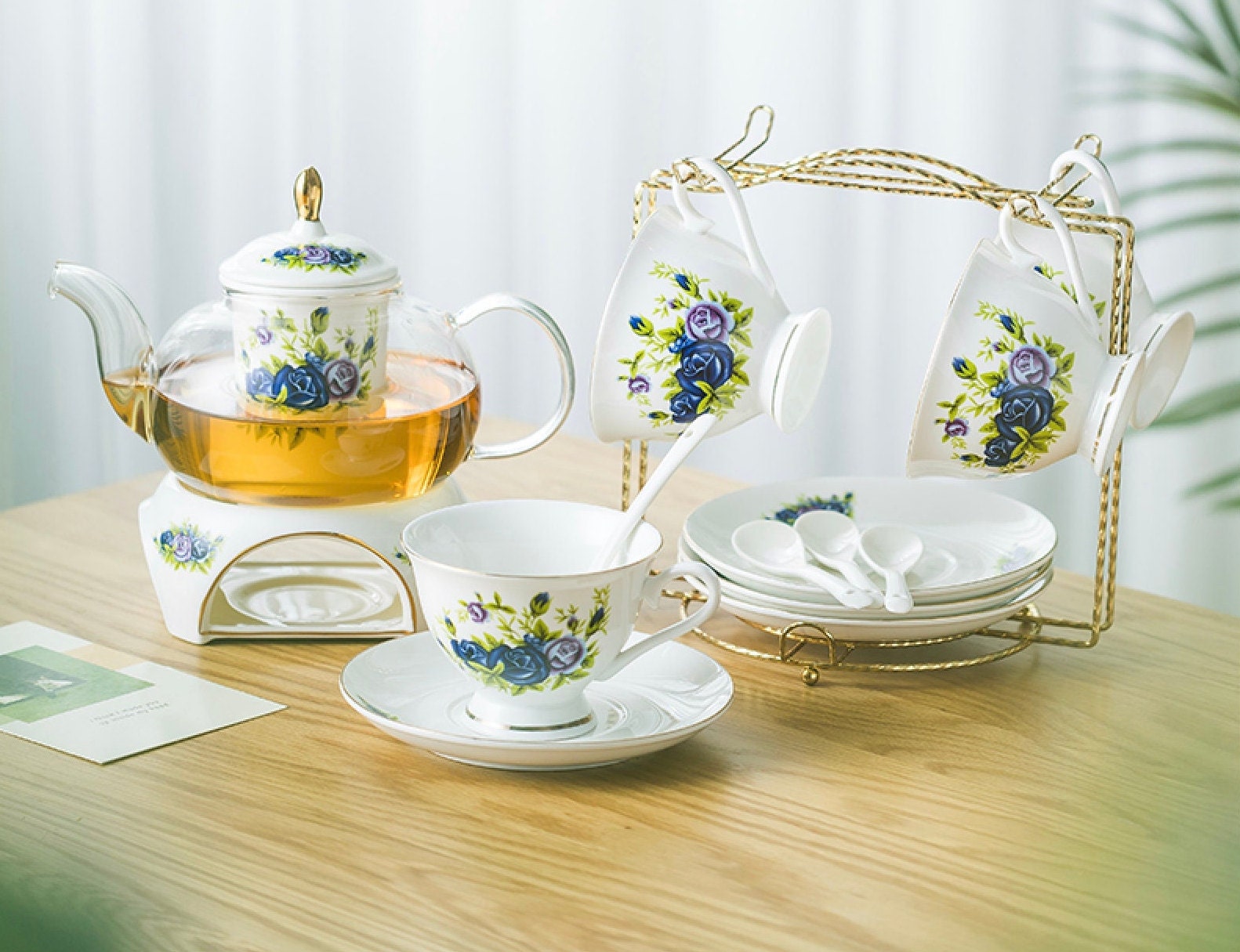 Vintage Floral Tea Set with/24k gilded gold/warmer, glass tea pot and porcelain teacups and saucers, removable infuser