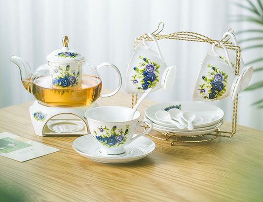 Vintage Floral Tea Set with/24k gilded gold/warmer, glass tea pot and porcelain teacups and saucers, removable infuser