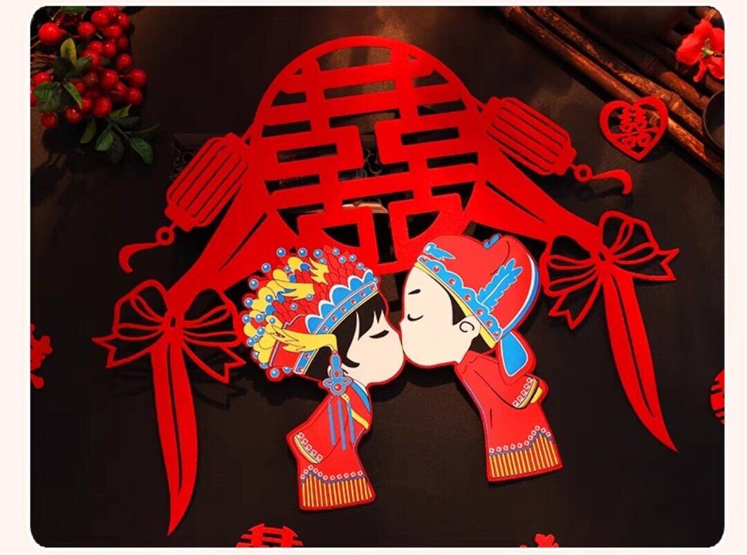 17" Oriental wedding cartoon bride and groom wall stickers/Asian wedding wall decorations